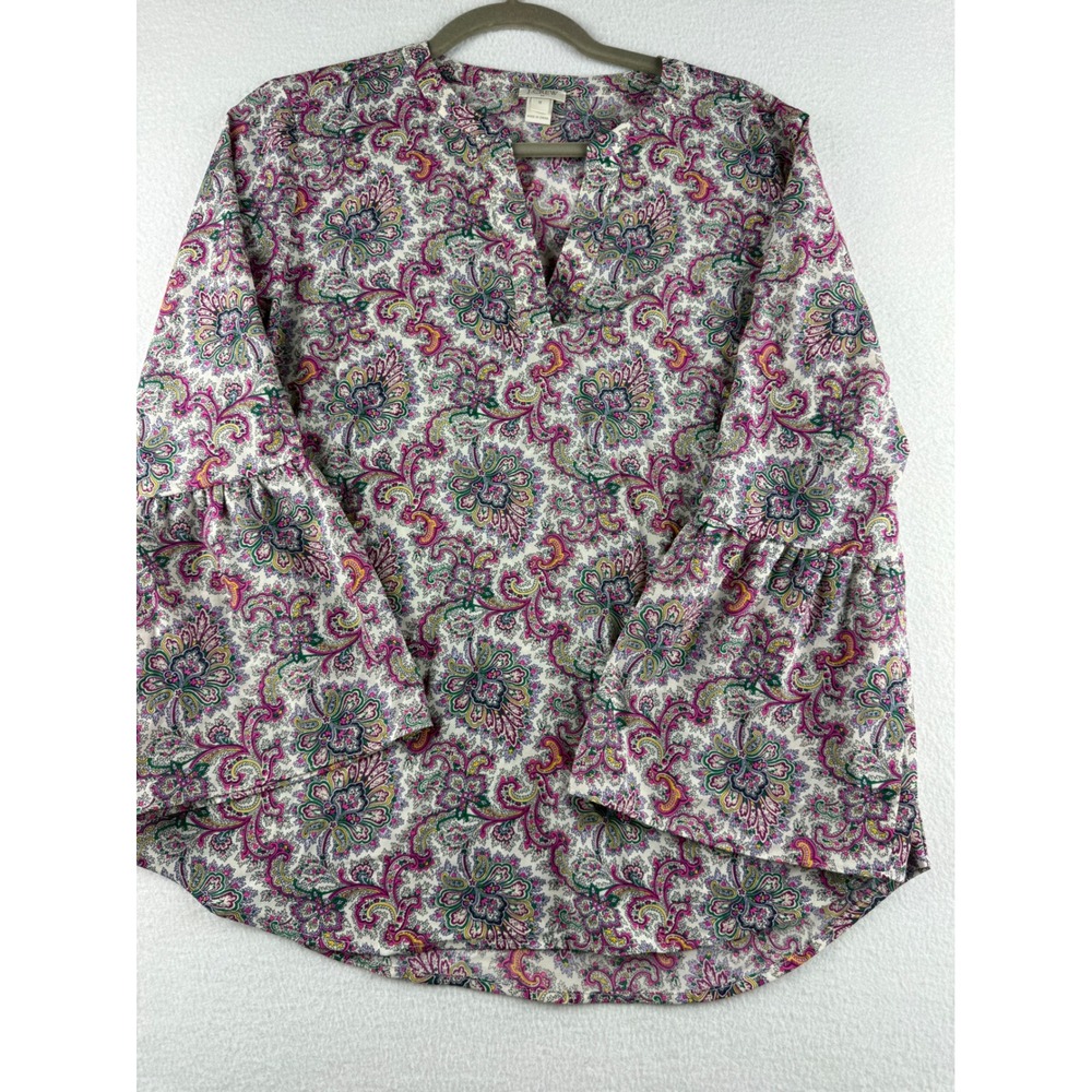 J.Crew Womens Pink Green Paisley Floral Bell Sleeve Split Neck Blouse Size M